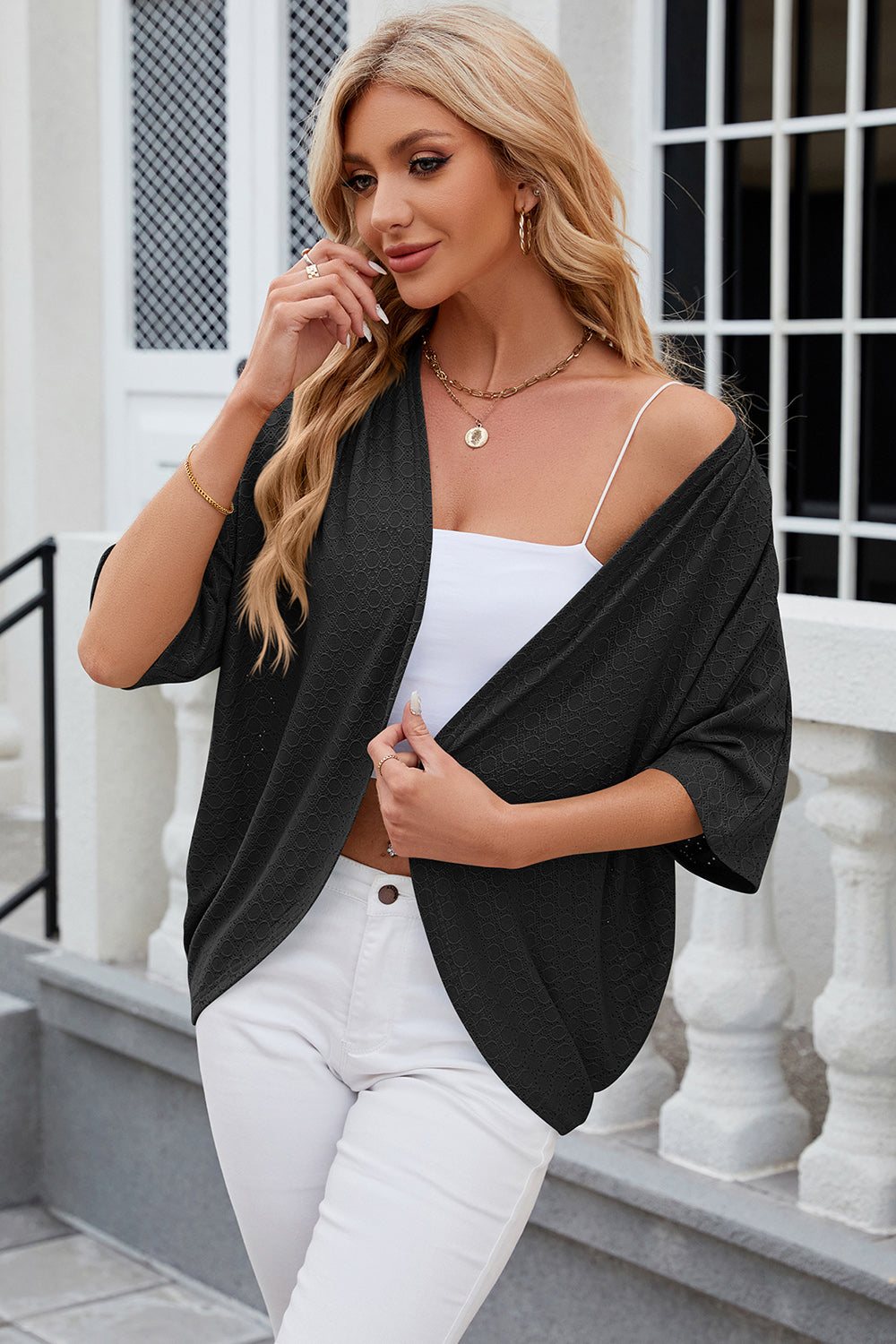 Eyelet Open Front Half Sleeve Cardigan Trendsi