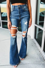 Blue High Waist Distressed Cutout Flare Leg Jeans-5