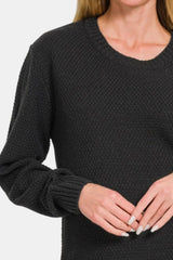 Zenana Ful Size Round Neck Long Sleeve Curved Hem Sweater Trendsi