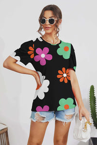 FAM-FAM Flower Round Neck Short Sleeve Blouse Trendsi