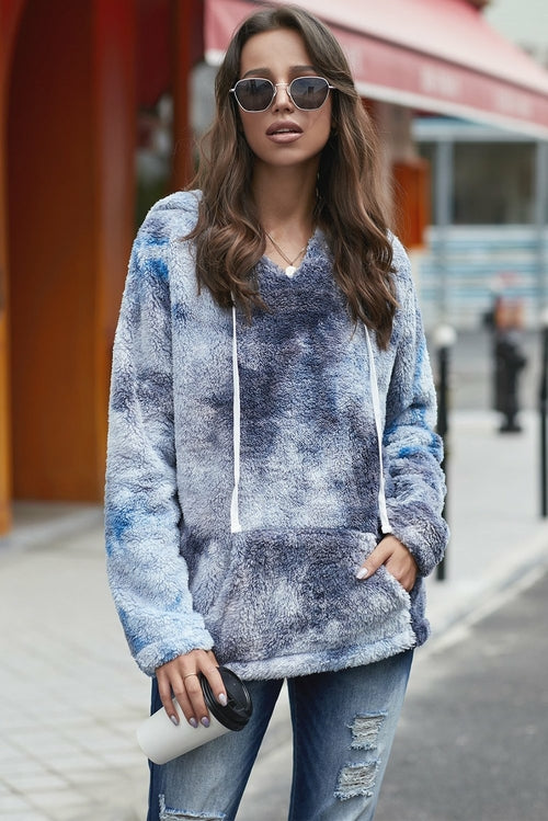 V-neck Tie-dye Plush Pullover Hoodie Jade