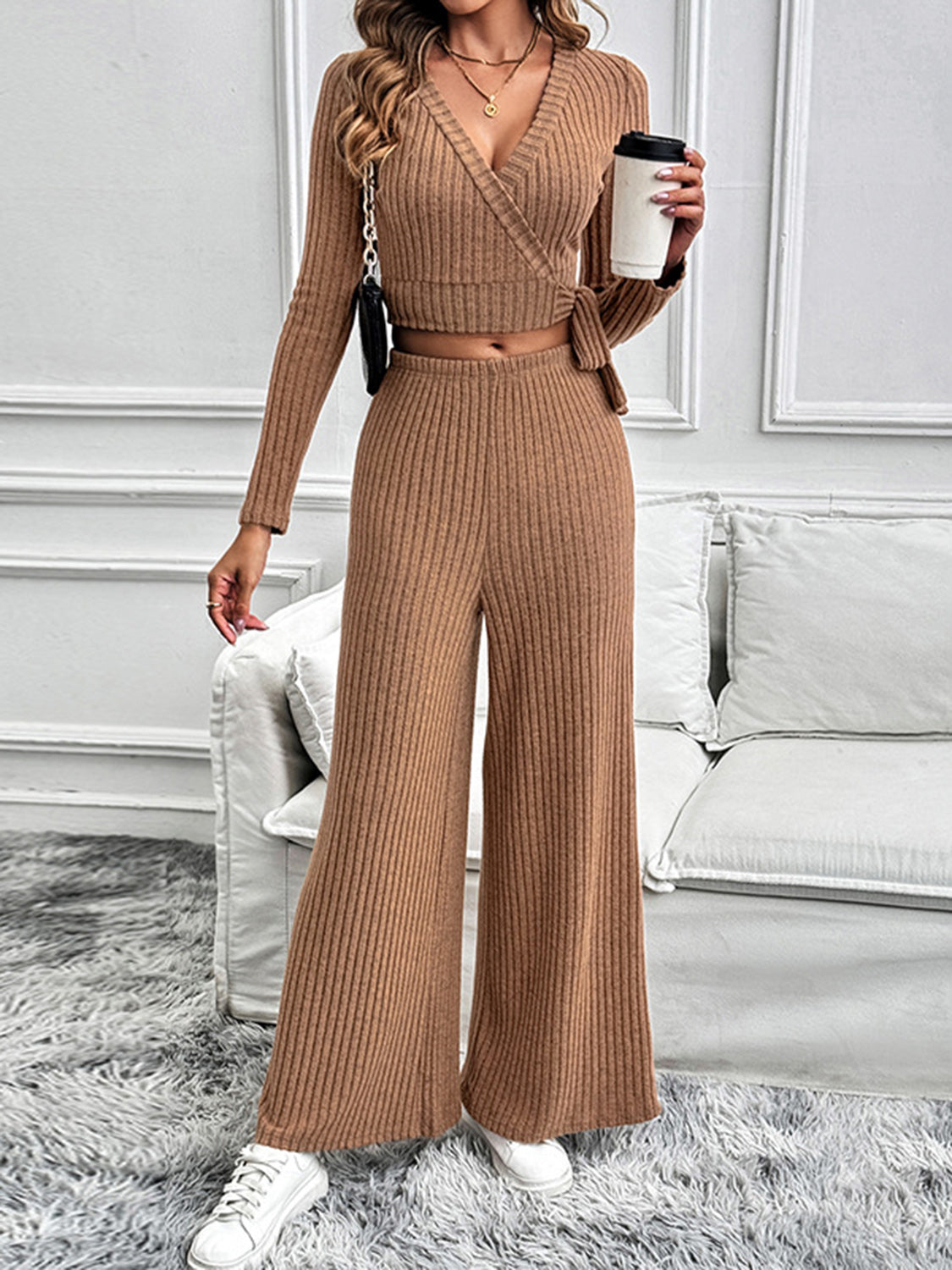 Perfee Surplice Long Sleeve Top and Pants Set Trendsi