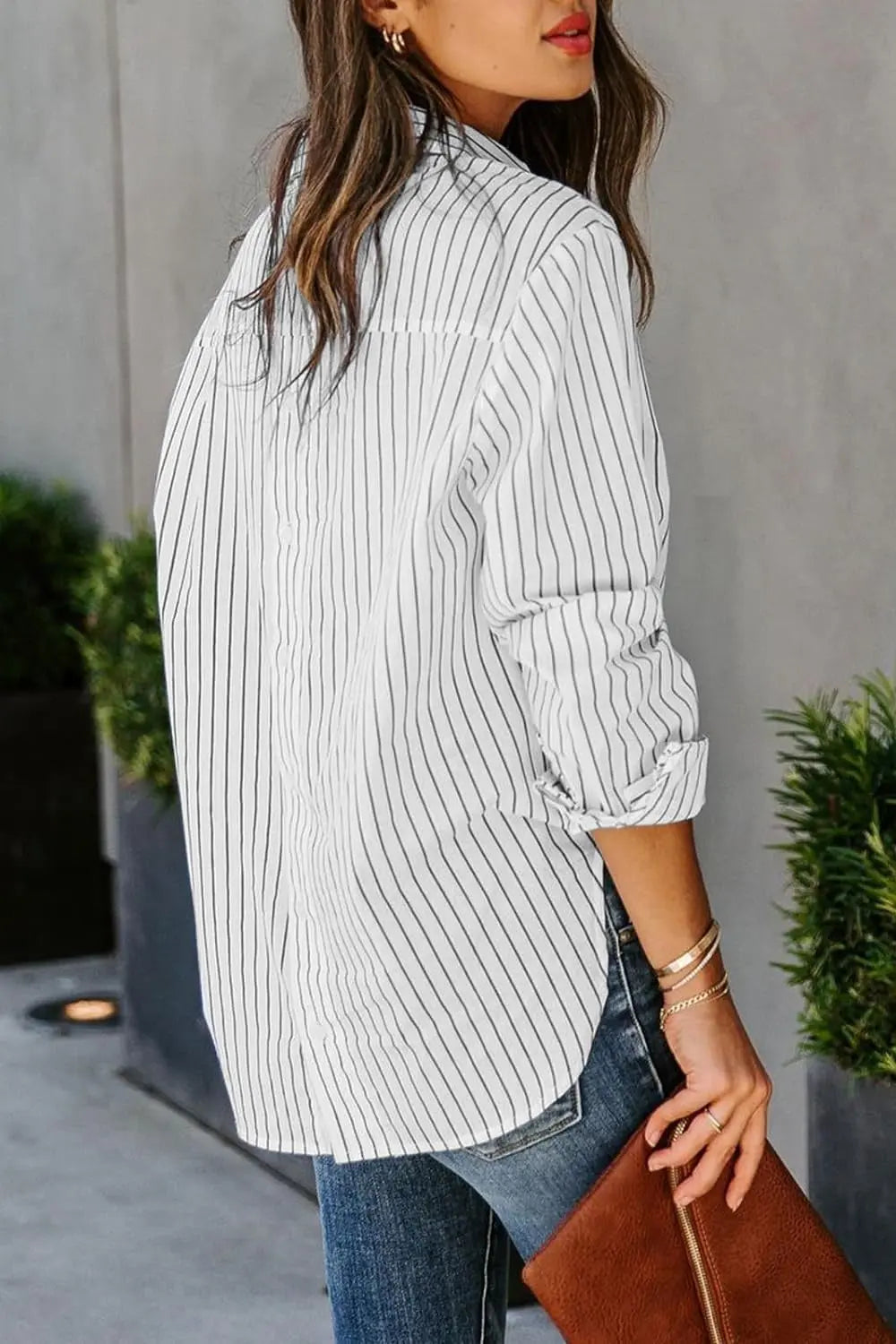 Striped Button Up Long Sleeve Shirt Trendsi