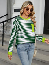 Pocketed Striped Round Neck Long Sleeve T-Shirt Trendsi