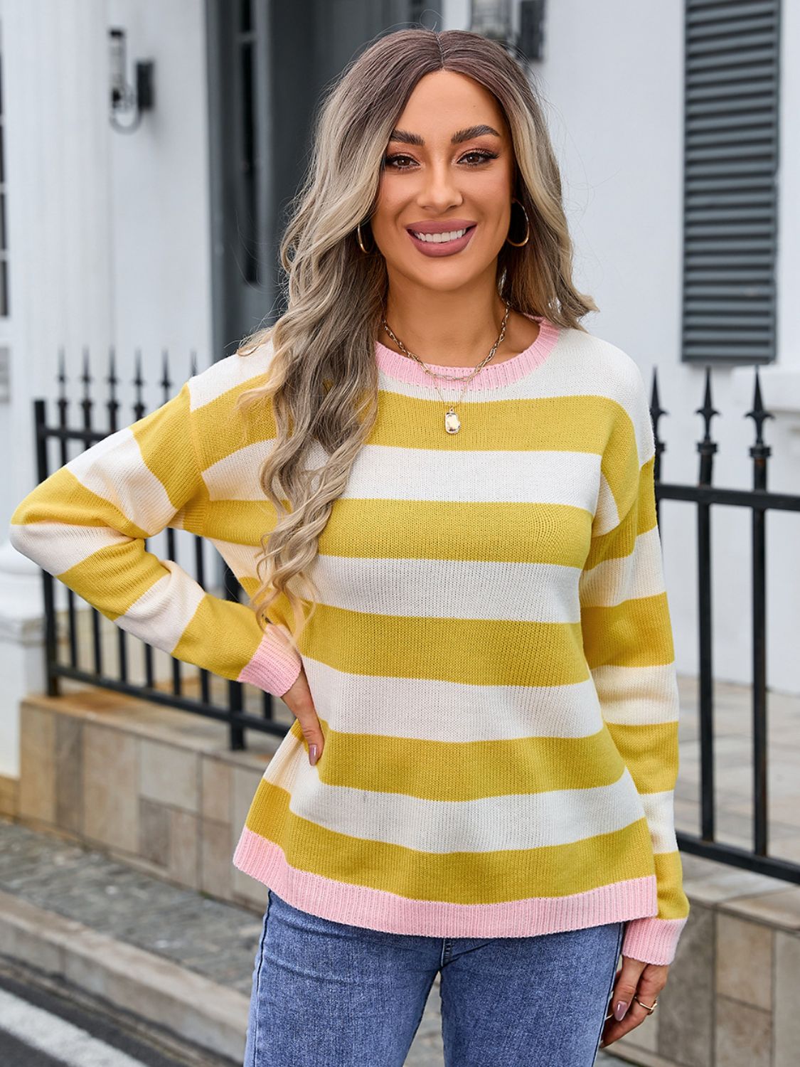 Striped Round Neck Dropped Shoulder Sweater Trendsi