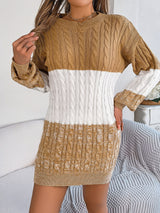 Cable-Knit Round Neck Color Block Sweater Dress Trendsi