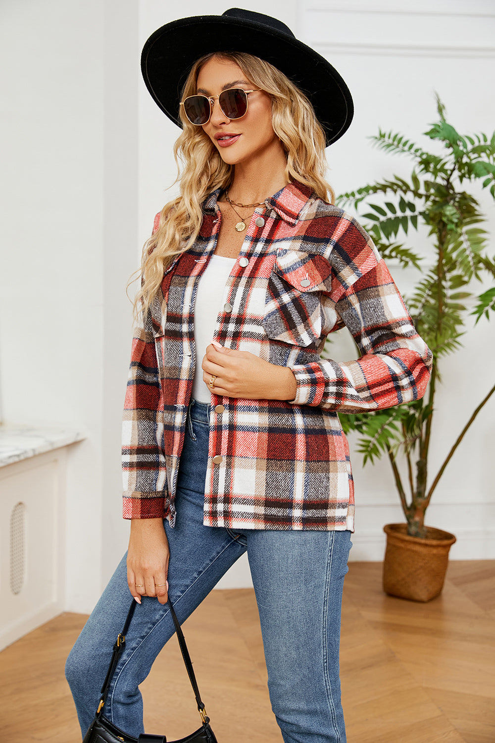 Button Down Collared Plaid Shacket Trendsi