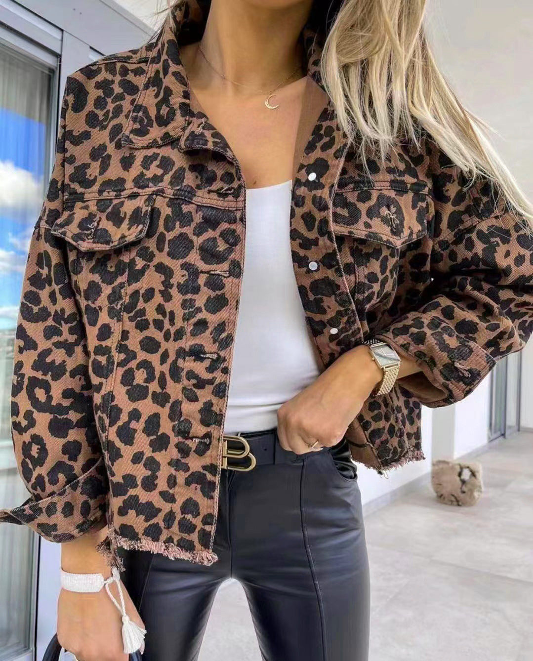 Raw Hem Leopard Collared Neck Denim Jacket Trendsi