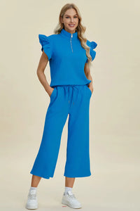 Double Take Full Size Texture Ruffle Short Sleeve Top and Wide Leg Pants Set Trendsi