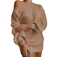 Womens Dresses Spring Fashion Cold Shoulder Lantern Sleeve Casual Plain Long Sleeve Daily Mini Knit Sweater Dress Woman Clothing