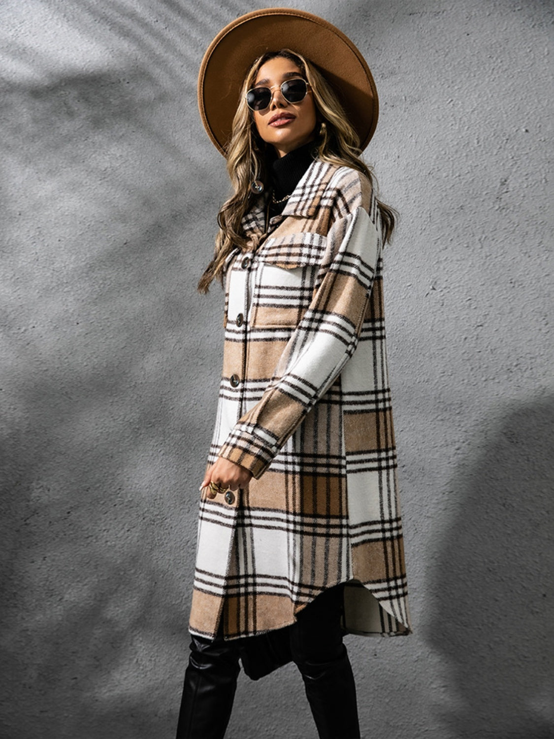 Plaid Collared Neck Long Sleeve Coat Trendsi