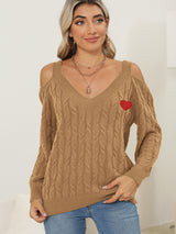 Cable-Knit Heart V-Neck Sweater Trendsi