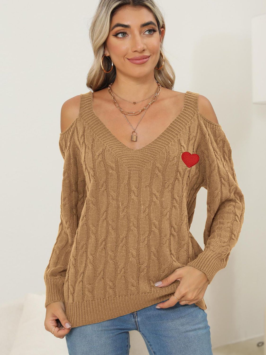 Cable-Knit Heart V-Neck Sweater Trendsi