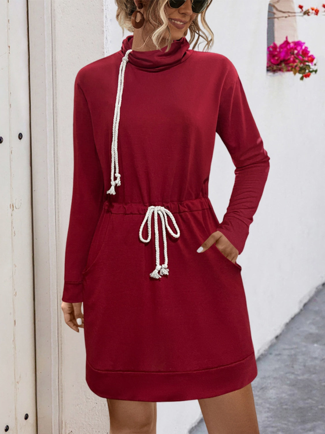 Drawstring Turtleneck Long Sleeve Mini Dress Trendsi