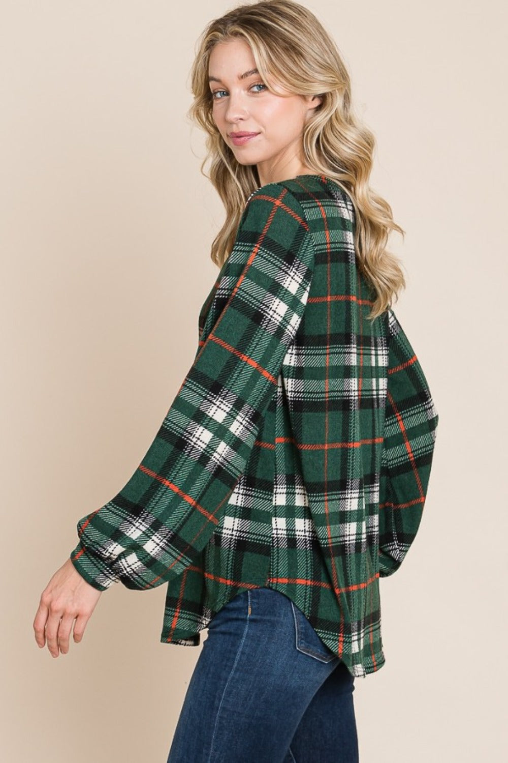 BOMBOM Curved Hem Plaid Round Neck Long Sleeve Top Trendsi