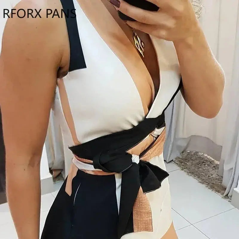 Women V-Neck Colorblock Print Knotted Irregular Dress Elegant Sexy Office Lady Dress