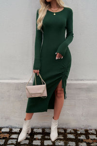 Drawstring Round Neck Long Sleeve Midi Dress Trendsi