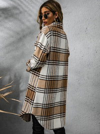 Plaid Collared Neck Long Sleeve Coat Trendsi