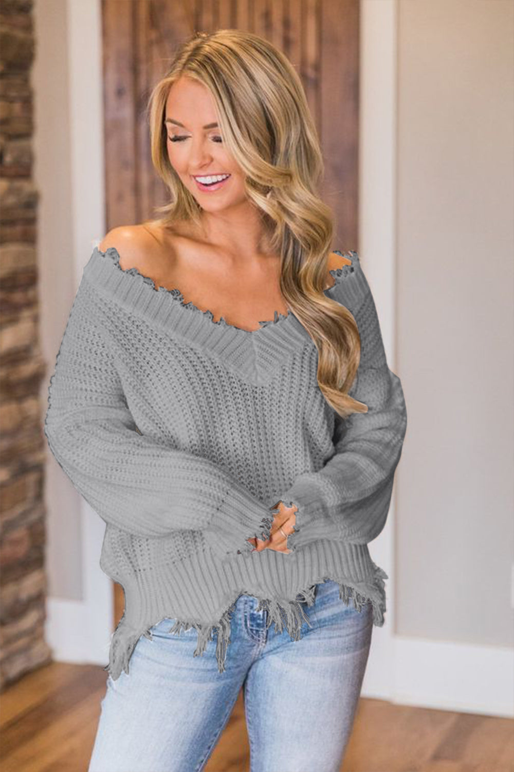 Frayed Hem Dropped Shoulder Sweater Trendsi