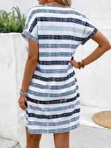 Striped V-Neck Short Sleeve Dress Trendsi