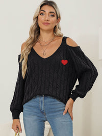 Cable-Knit Heart V-Neck Sweater Trendsi