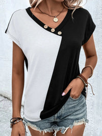 Contrast V-Neck Short Sleeve T-Shirt Trendsi