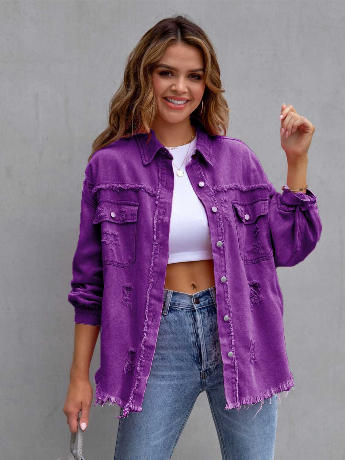 Distressed Drop Shoulder Denim Jacket Trendsi