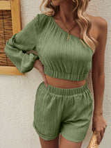 Honey One Shoulder Long Sleeve Top and Shorts Set Trendsi