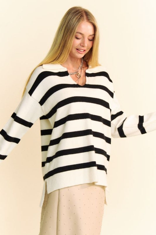 Davi & Dani High-Low Side Slit Striped Johnny Collar Sweater Trendsi