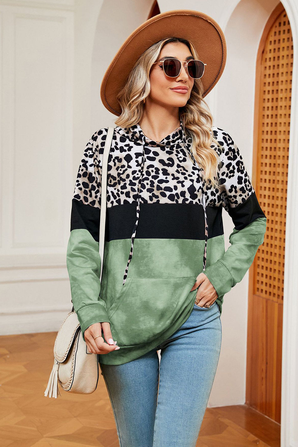 Leopard Drawstring Hoodie with Pocket Trendsi