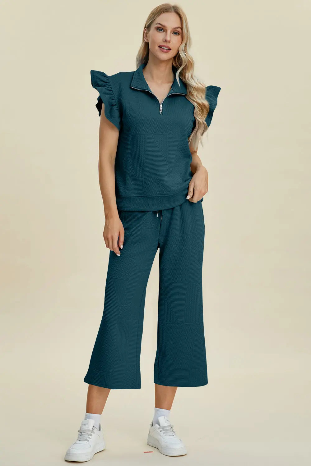 Double Take Full Size Texture Ruffle Short Sleeve Top and Wide Leg Pants Set Trendsi