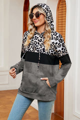 Leopard Drawstring Hoodie with Pocket Trendsi