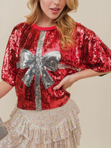 Sequin Bow Graphic Round Neck Half Sleeve T-Shirt Trendsi