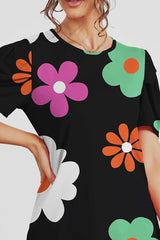 FAM-FAM Flower Round Neck Short Sleeve Blouse Trendsi