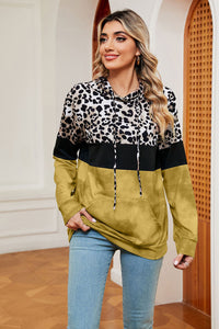 Leopard Drawstring Hoodie with Pocket Trendsi