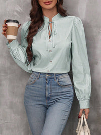 Striped Tie Neck Long Sleeve Blouse Trendsi