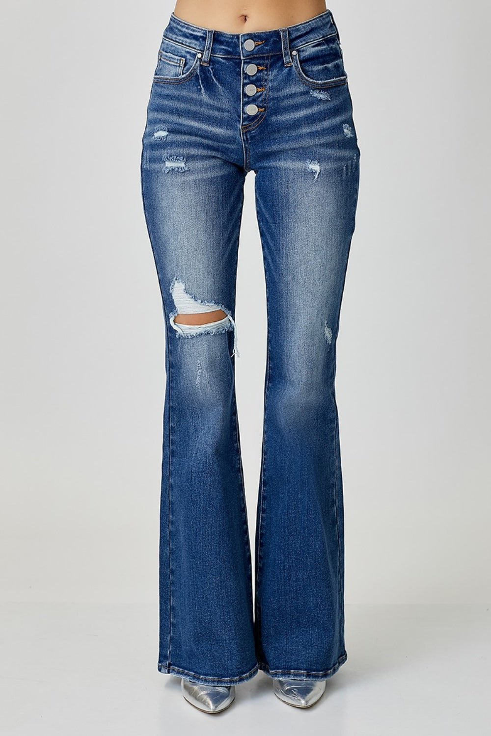 RISEN Distressed Button-Fly Flare Jeans Trendsi