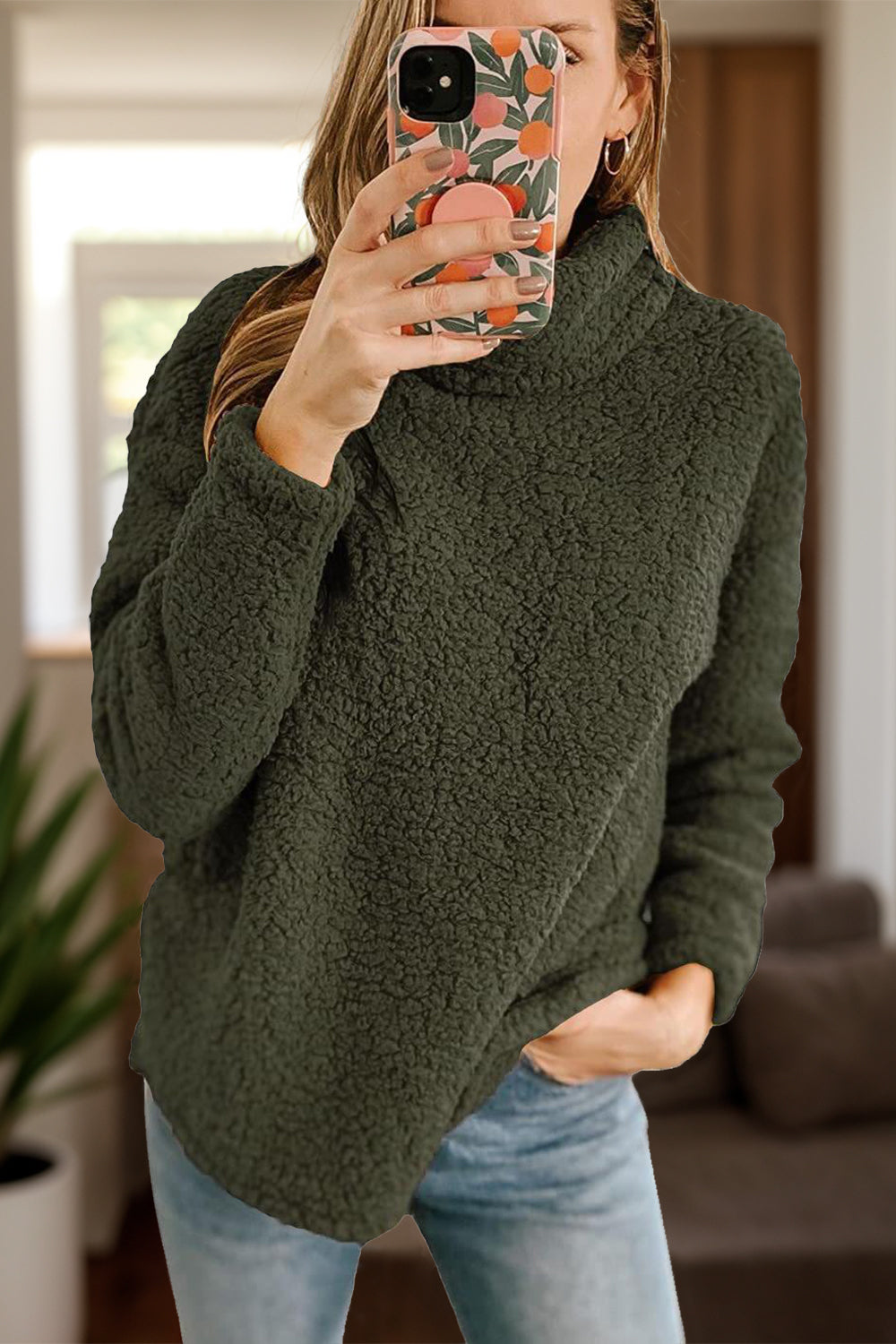 Fuzzy Turtleneck Long Sleeve Sweatshirt Trendsi