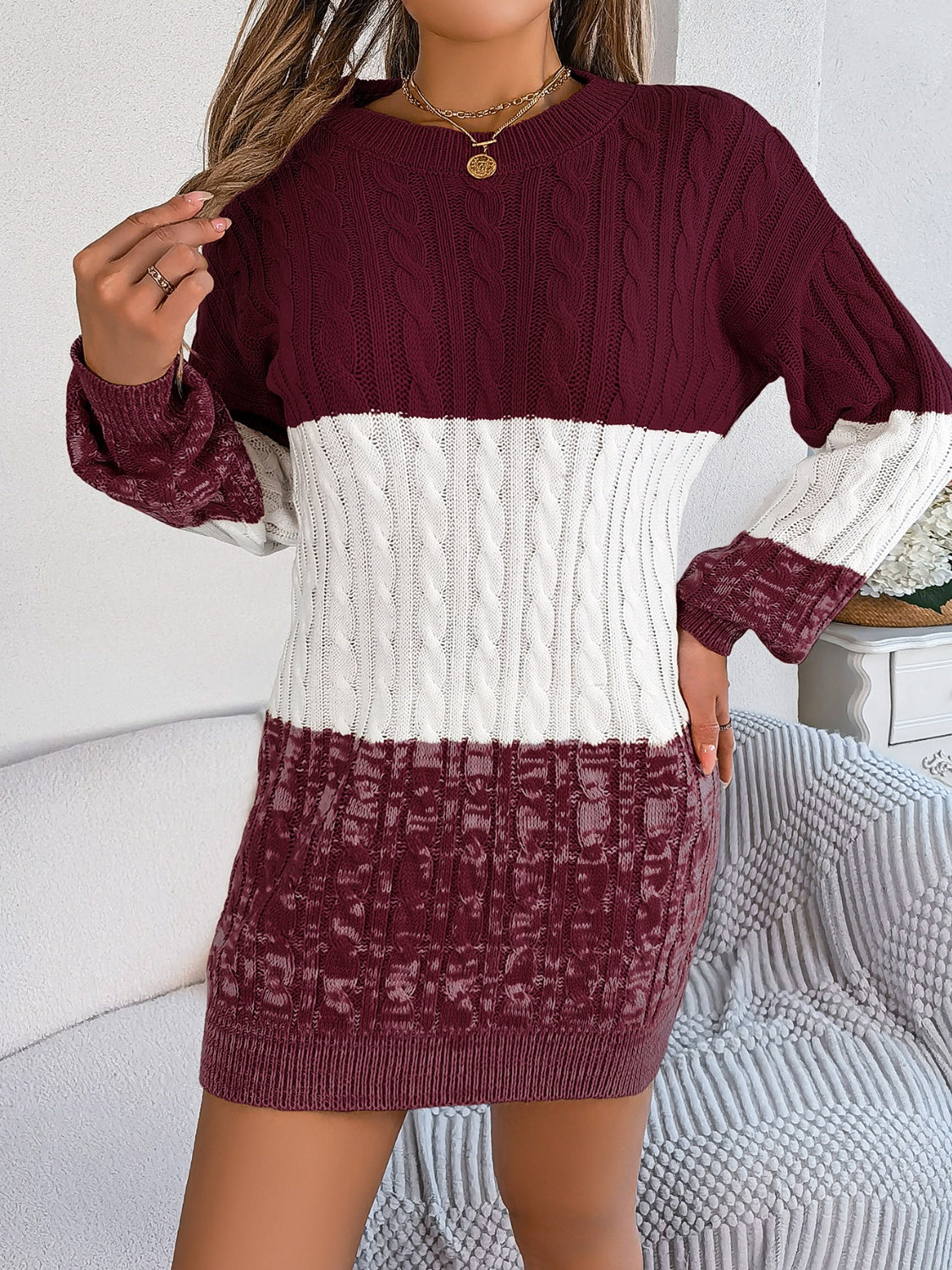 Cable-Knit Round Neck Color Block Sweater Dress Trendsi