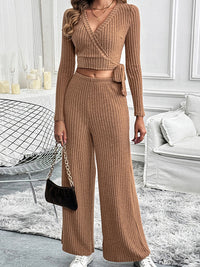 Perfee Surplice Long Sleeve Top and Pants Set Trendsi