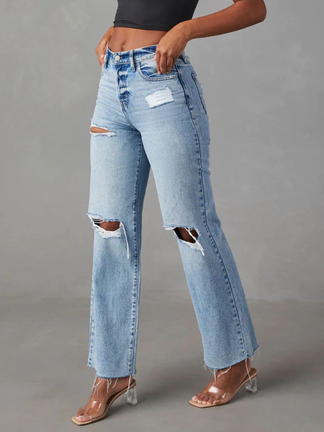 Distressed Straight Leg Jeans with Pockets Trendsi