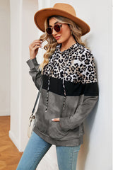 Leopard Drawstring Hoodie with Pocket Trendsi