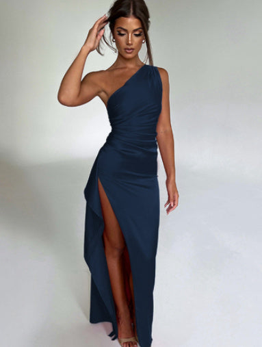 Sexy One-shoulder Backless Slit Dress Summer Elegant Slim-fit Solid Color Satin Dresses For Women InSpaceX Fashion