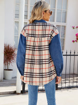 Plaid Long Sleeve Denim Jacket Trendsi