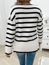 Striped V-Neck Long Sleeve Knit Top Trendsi