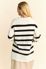 Davi & Dani High-Low Side Slit Striped Johnny Collar Sweater Trendsi