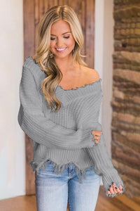 Frayed Hem Dropped Shoulder Sweater Trendsi