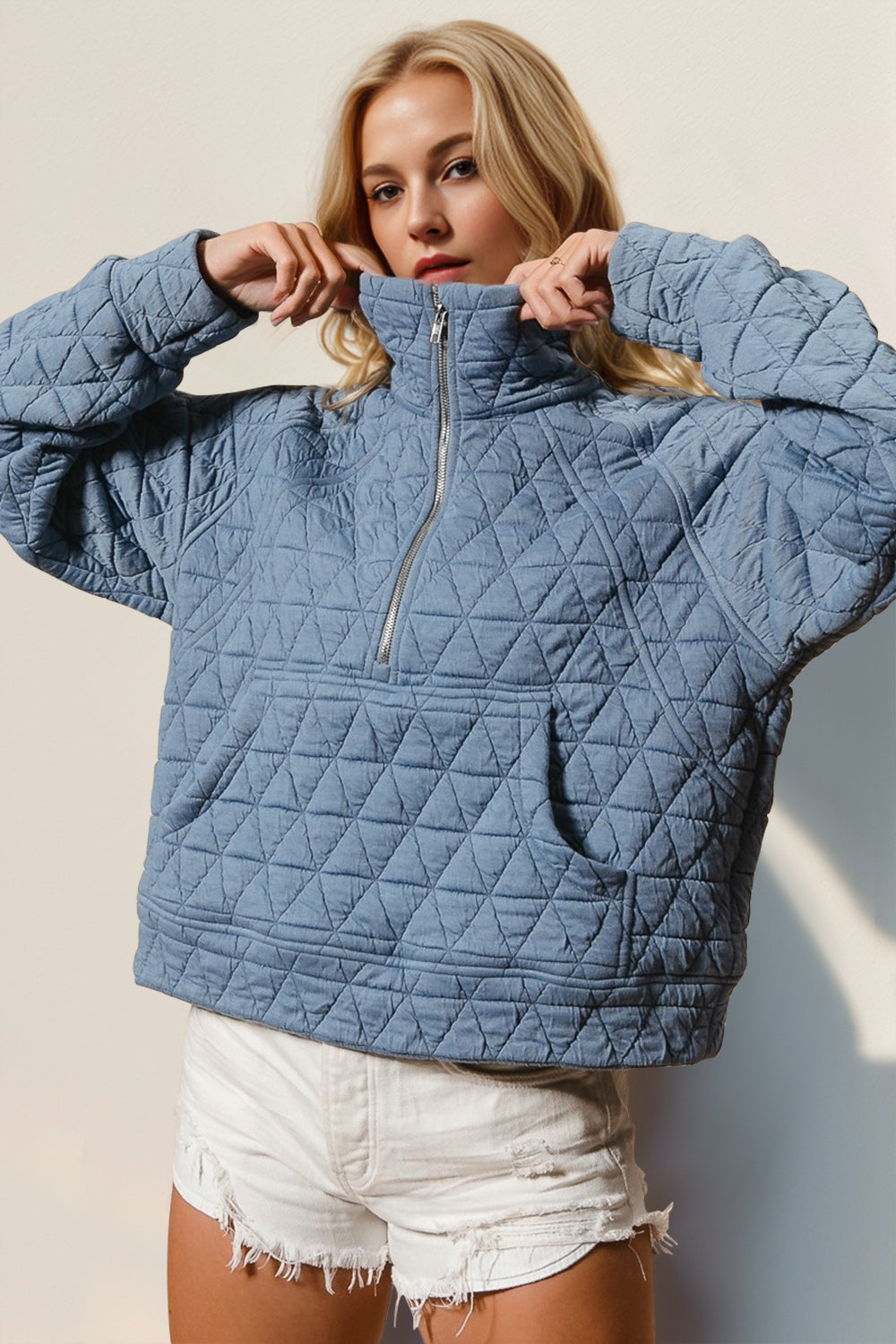 Double Take Half Zip Long Sleeve Quilted Sweatshirt with Pocket Trendsi