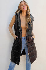 Longline Hooded Sleeveless Puffer Vest Trendsi