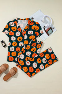 Pumpkin Printed Short Sleeve Top and Pants Lounge Set Trendsi